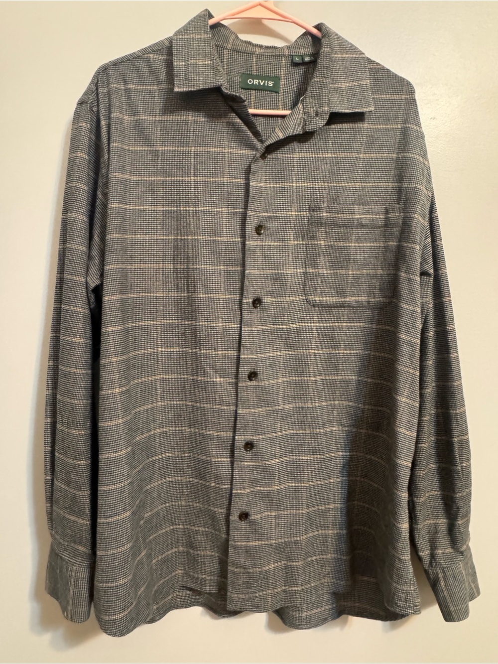 Orvis Men's Large Cotton Wool Blend Plaid Button Up Shirt Gray Tan